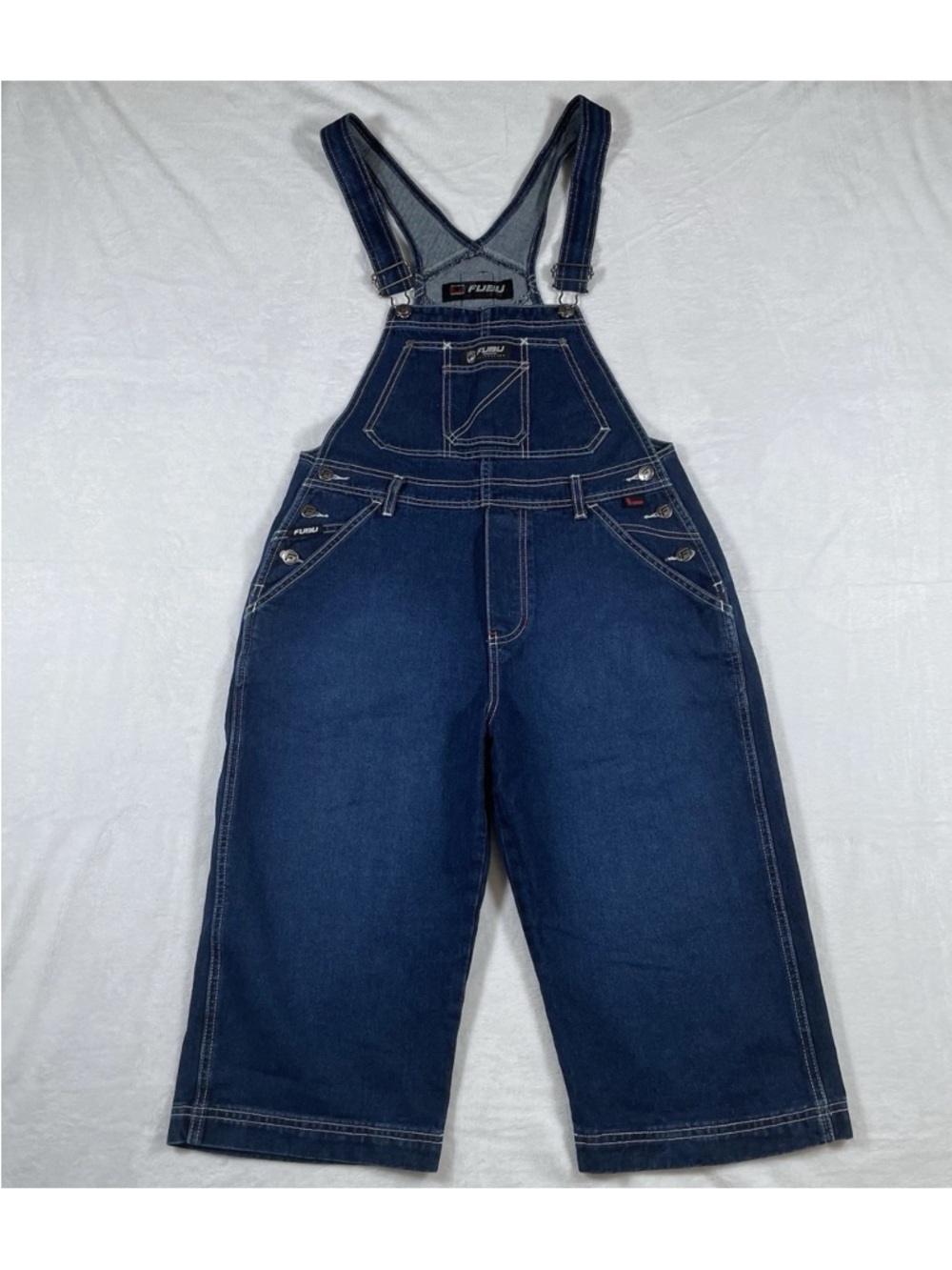 FUBU The Collection Denim Overalls/Shorts Mens Sz M Vintage 90s Y2K Wide Leg NOS